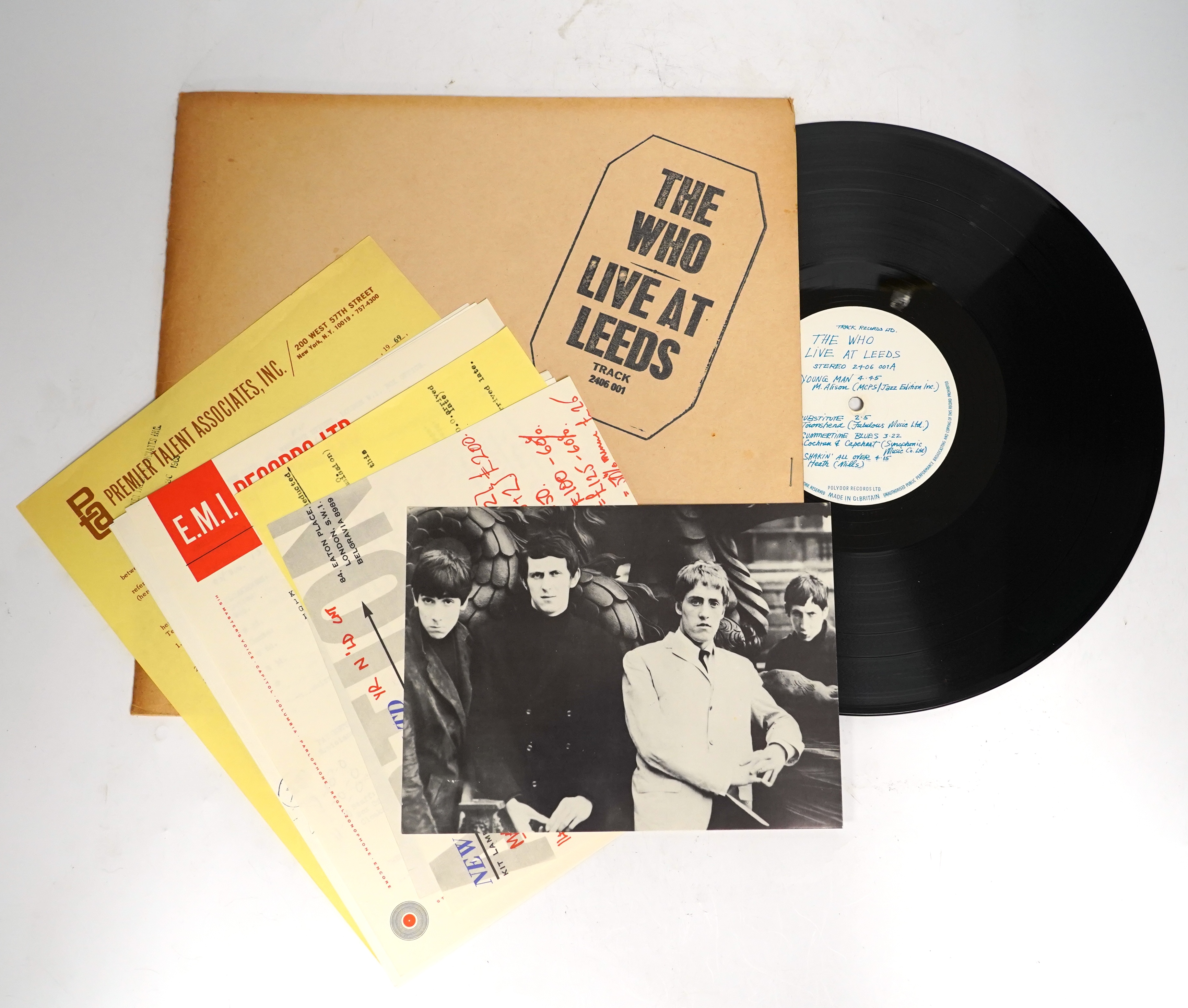 The Who; Live at Leeds LP record album on Track label 2406 001A, with black print to cover, eleven inserts present (poster missing)